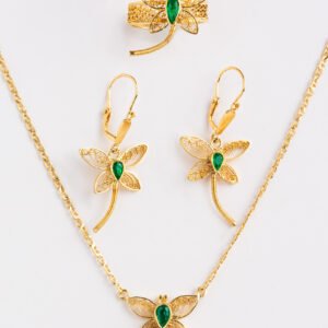Aderezo aretes, dije y anillo. Oro de 18K tejido filigrana