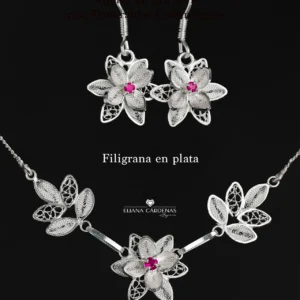 Set de gargantilla y aretes plata 950 filigrana rubi semiprecioso