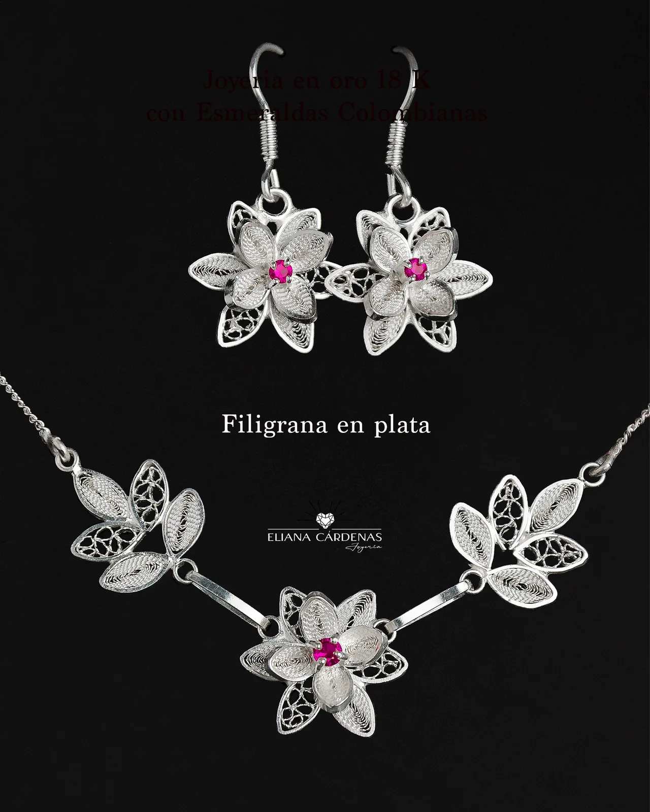Set de gargantilla y aretes plata 950 filigrana rubi semiprecioso 1 Set de gargantilla y aretes plata 950 filigrana rubi semiprecioso