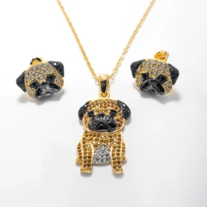 Set topos, dije y cadena en plata dorada perro